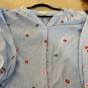 Easel Blue Button Down Shirt with Floral Embroidery